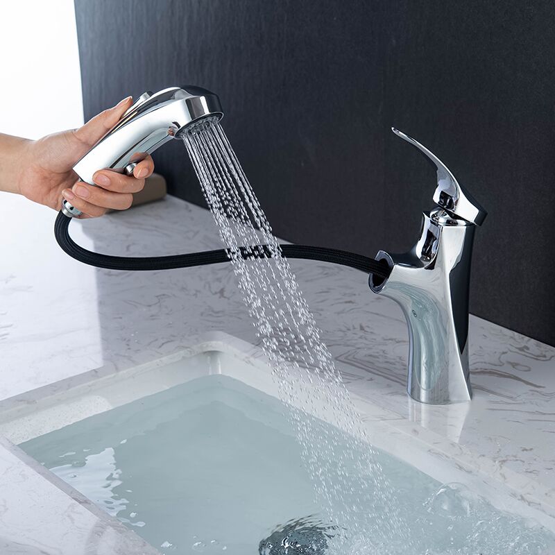 Bathroom brass chrome deck mounted single lever pull out wash basin mixer faucet (3) Bathroom brass chrome deck mounted single lever pull out wash basin mixer faucet (3)