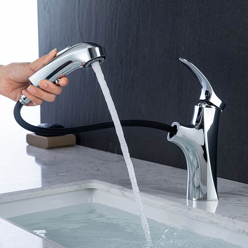 Bathroom brass chrome deck mounted single lever pull out wash basin mixer faucet (4) Bathroom brass chrome deck mounted single lever pull out wash basin mixer faucet (4)