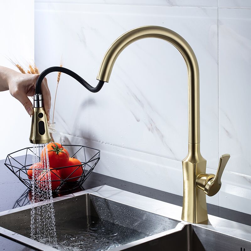 Golden brushed SUS304 stainless steel flexible rotating single handle hot and cold pull out the kitchen faucet (3) Golden brushed SUS304 stainless steel flexible rotating single handle hot and cold pull out the kitchen faucet (3)