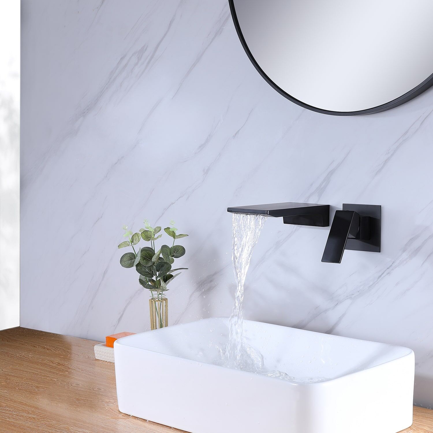 Modern Design Black Waterfall Wall Mounted Bathroom Hand Wash Basin Faucet Mixer Tap-3