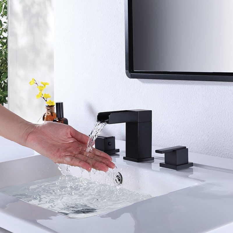 2 Handle 3 Hole Widespread Matte Black Waterfall Bathroom Faucet Vanity Sink Faucet-3