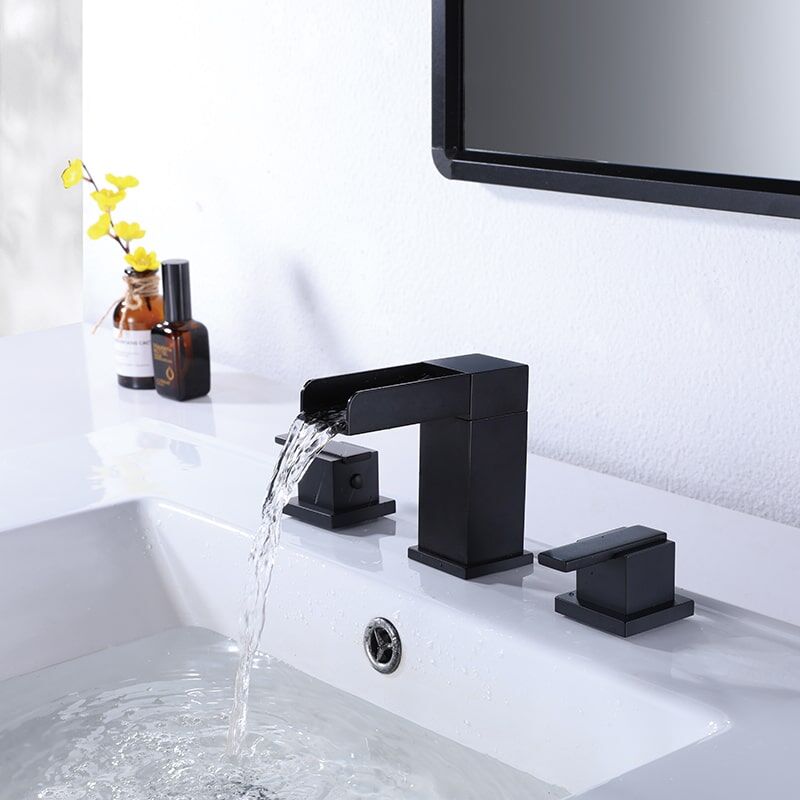 2 Handle 3 Hole Widespread Matte Black Waterfall Bathroom Faucet Vanity Sink Faucet-4