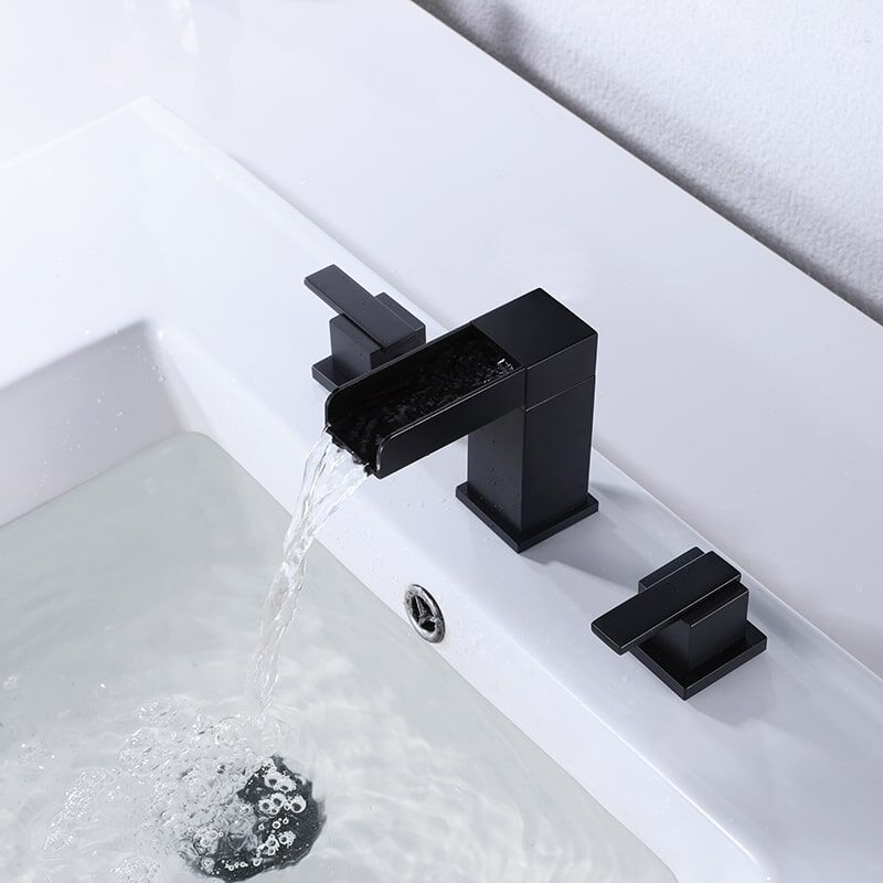 2 Handle 3 Hole Widespread Matte Black Waterfall Bathroom Faucet Vanity Sink Faucet-5